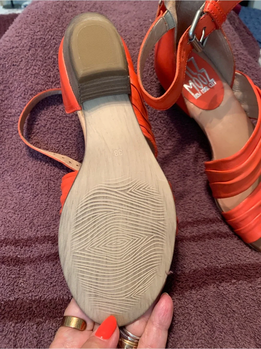 Miz Mooz Bright Orange Draped Ankle-Strap Heels & back zipper